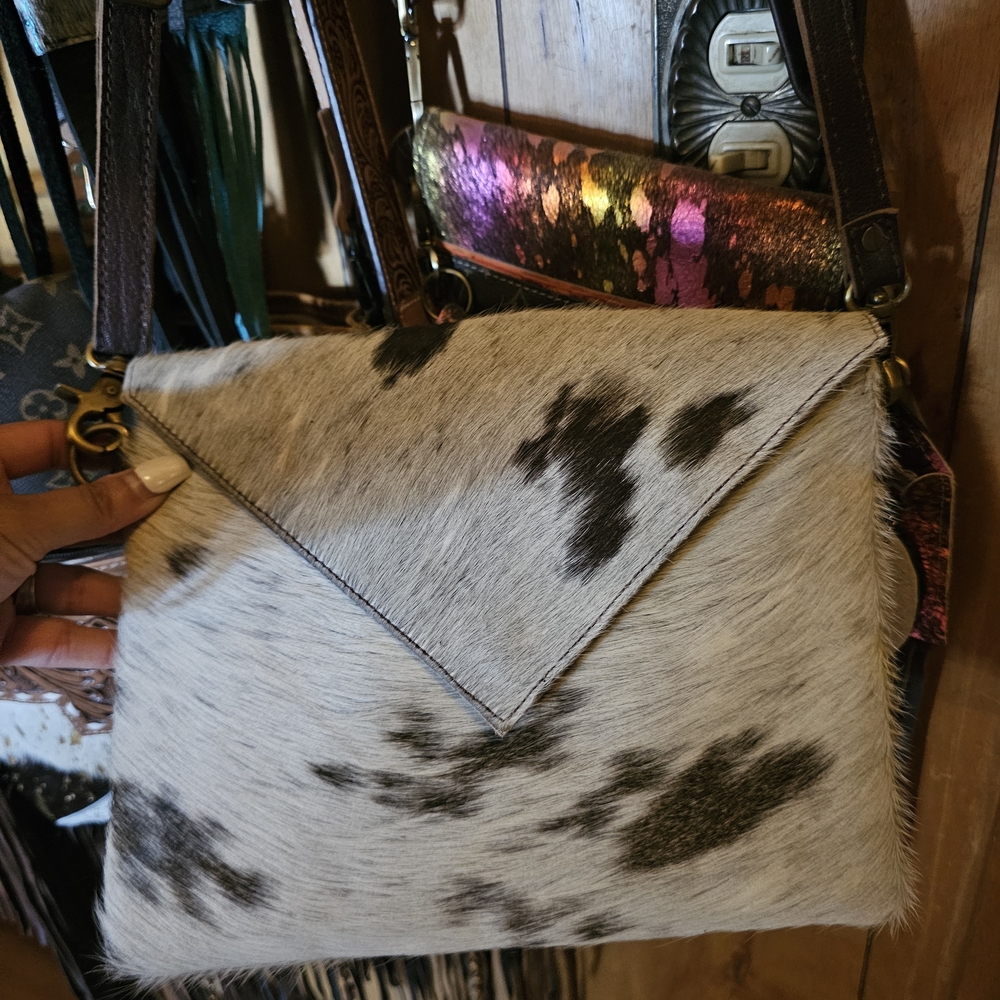 Myra Bag Cowhide Clutch with Black and White Pattern